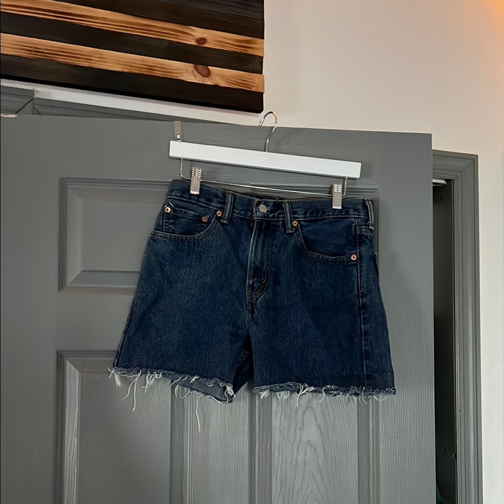 Blue Jean Shorts with Distressed Hem